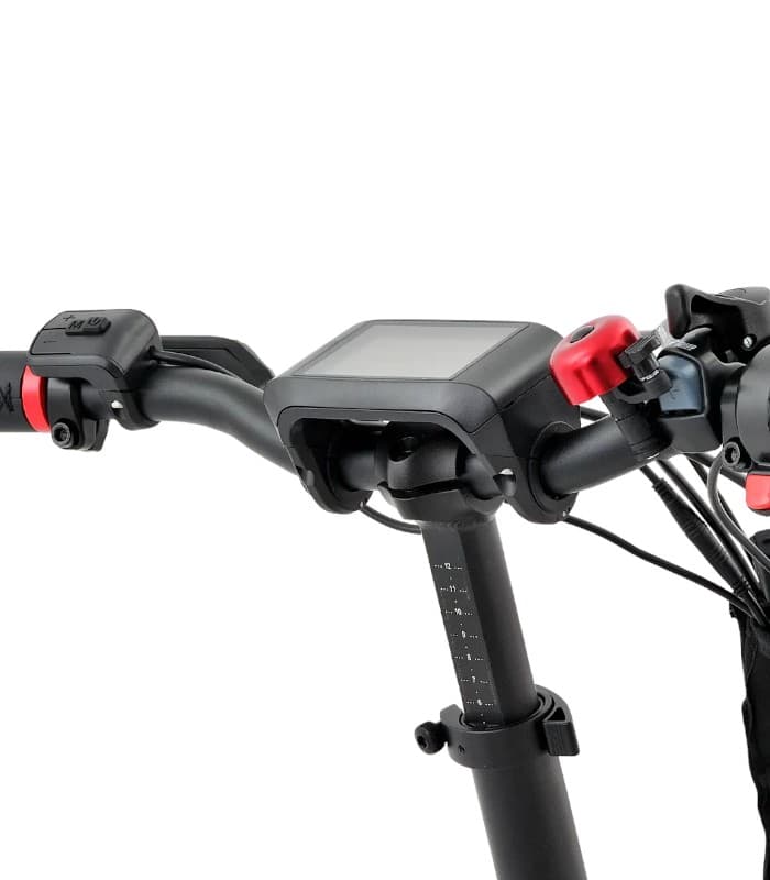 אופניים חשמליים SMART BIKE Big Foot Hybrid PLUS - תקריב כידון עם תצוגת LCD, פעמון ומערכת כוונון גובה