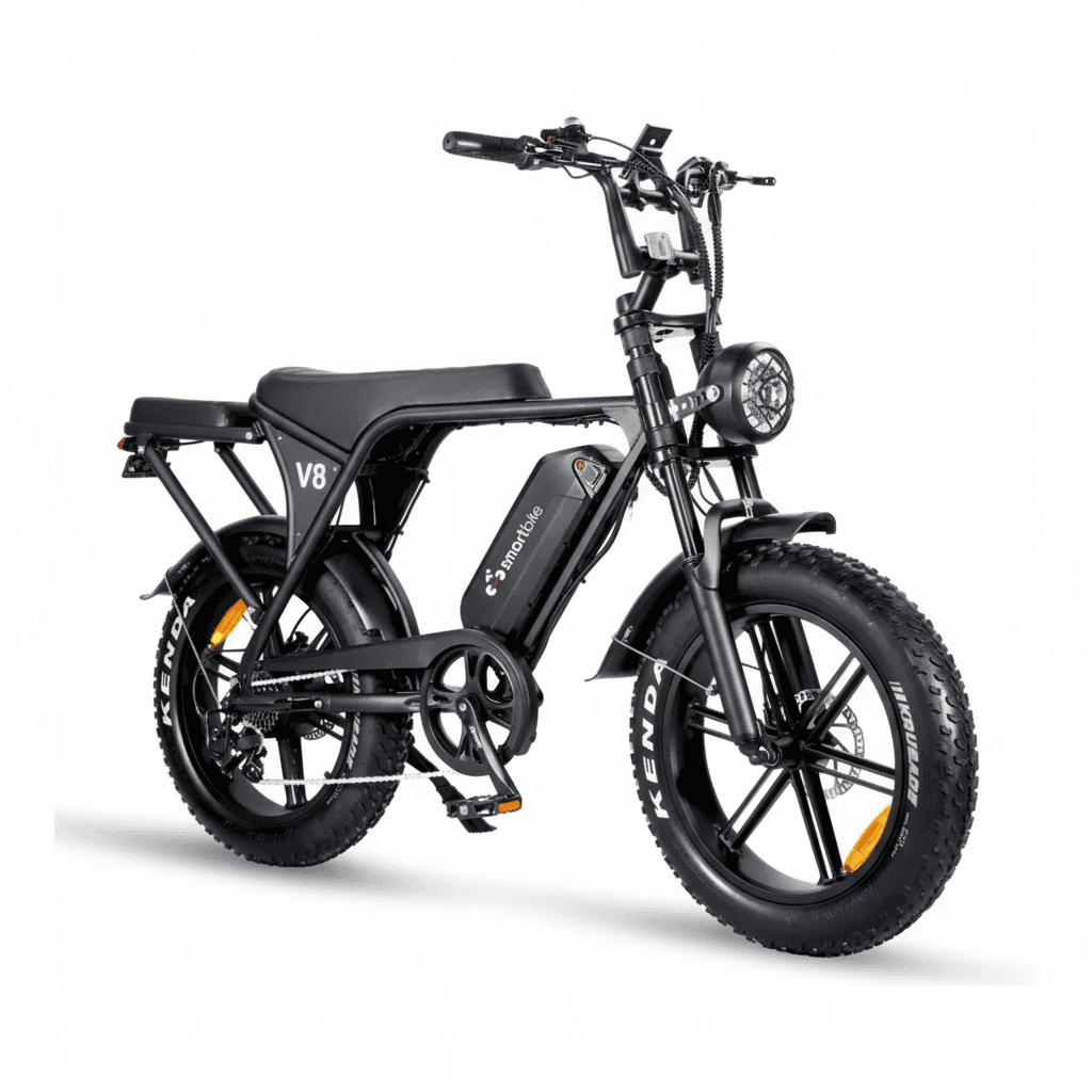 אופניים חשמליים V8 מבט קדמי אלכסוני - פנס LED רטרו עגול וצמיגי שטח 20x4 אינץ'