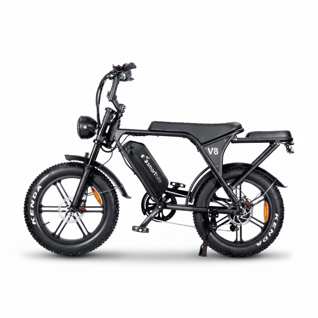 אופניים חשמליים Smart Bike V8 מבט צד - שלדה קפה רייסר שחורה עם צמיגי KENDA רחבים וג'נטי מגנזיום