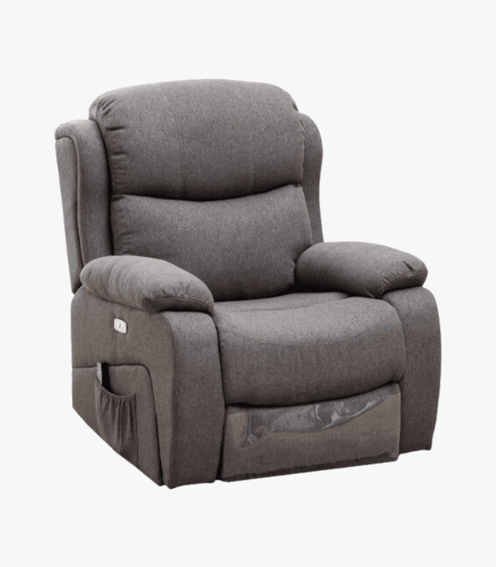 כורסאת מסאז מבד אגאדיר EL-KOL דרים פרימיום ריקליינר חשמלי - מבט קדמי במצב ישיבה עם ריפוד בד אגאדיר אפור וכיס אחסון צדדי