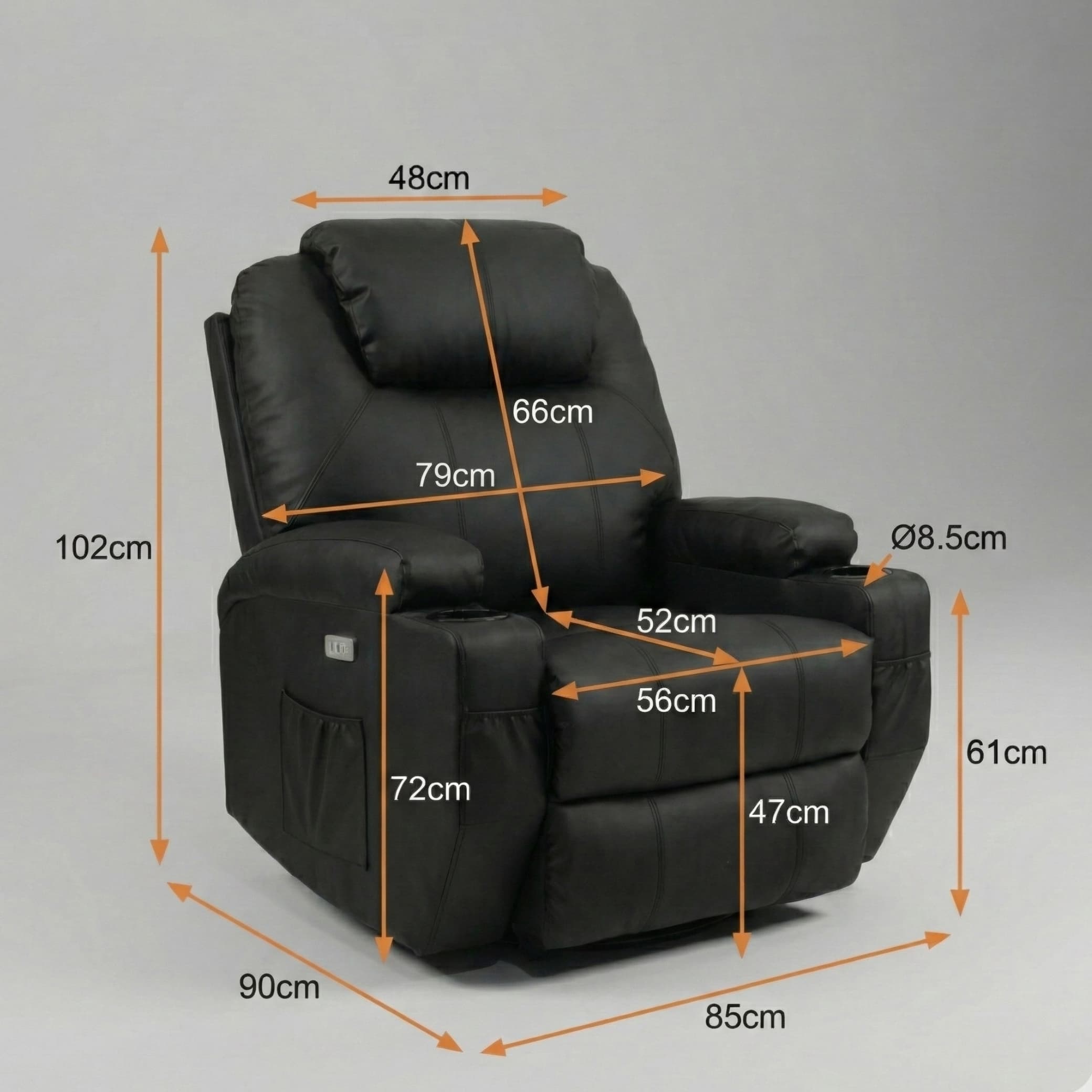 כורסת קימה חשמלית Dolce Vita Milano פרימיום עור PU שחור עם 8 נקודות עיסוי | חימום + USB