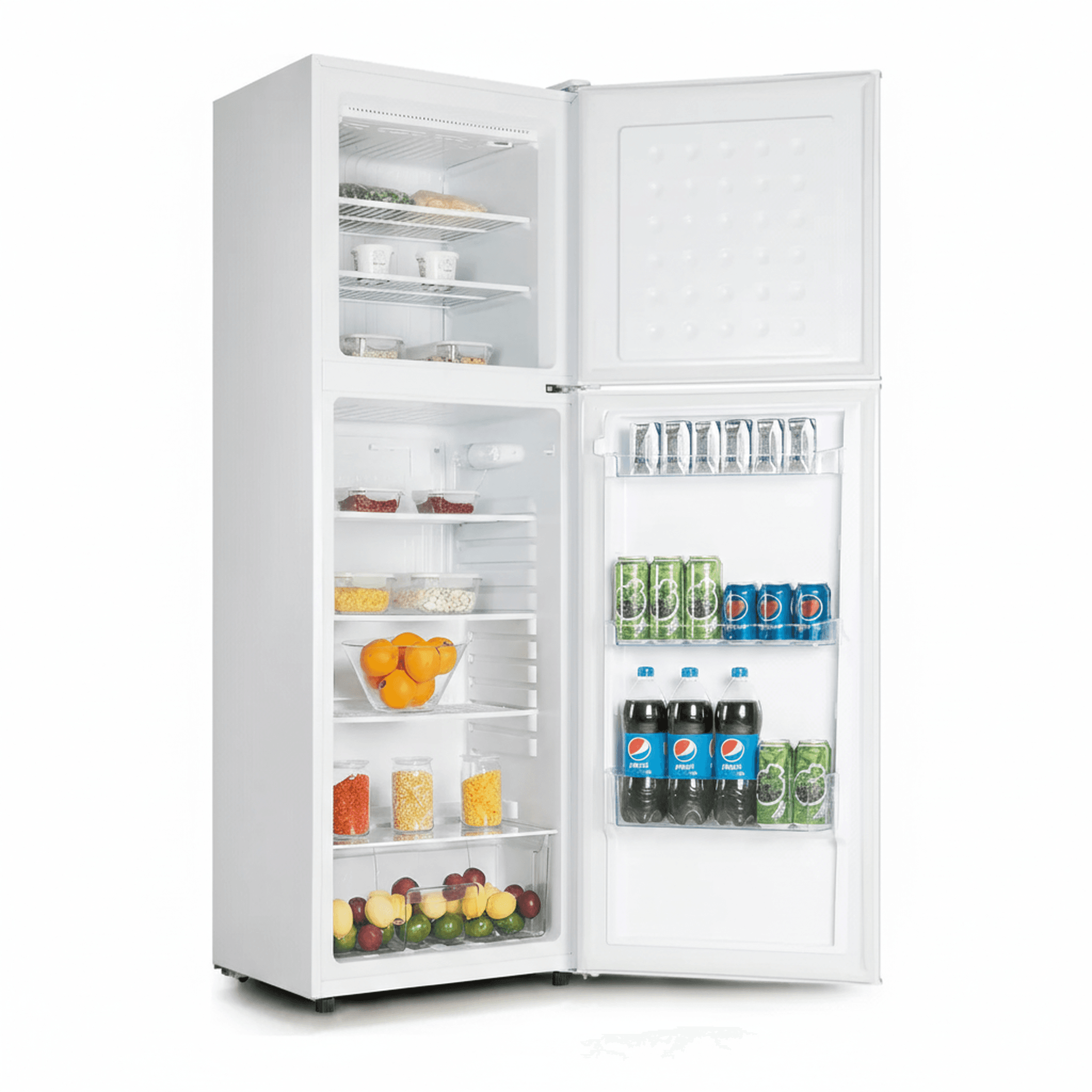 מקרר Peerless דגם BCD 375 לבן - מבט פנים אל חלוקת המדפים והמגירות כשהדלתות פתוחות