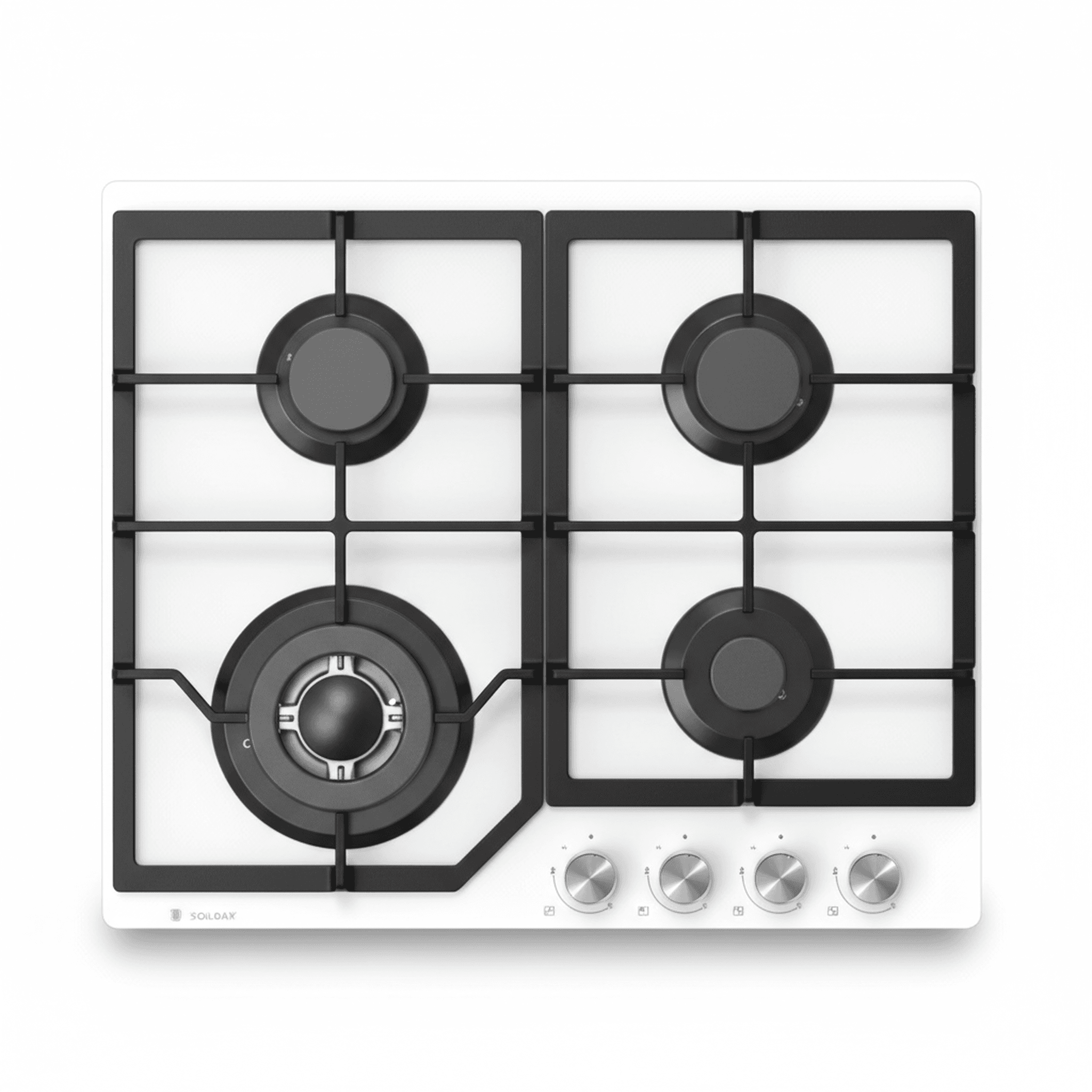 כיריים גז תדיראן TADGH60GW זכוכית לבנה - מבט עילי עם 4 מבערים, רשתות פלדה שחורות וכפתורי נירוסטה קדמיים