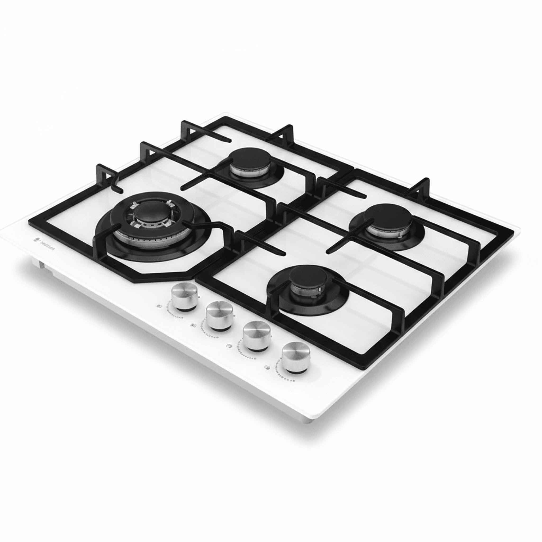 כיריים גז תדיראן TADGH60GW - מבט אלכסוני המציג את משטח הזכוכית הלבנה, המבער התלת-טבעתי וכפתורי ההפעלה