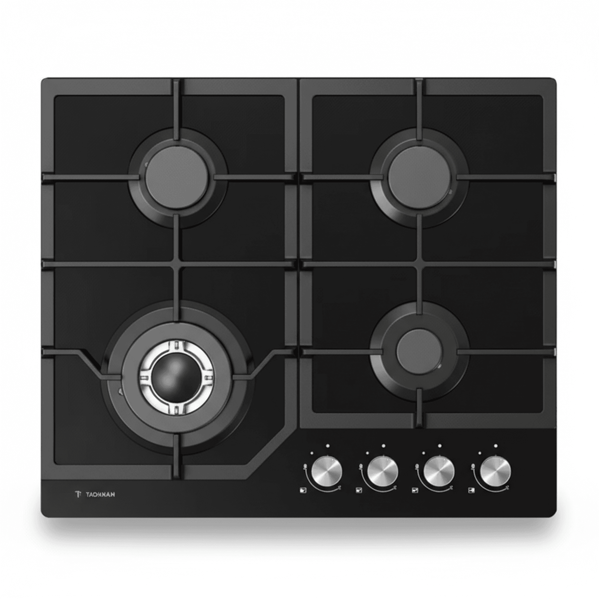 מבט עליון של כיריים גז 4 מבערים TADIRAN TADGH60GB על משטח זכוכית שחורה עם רשתות וכפתורי הפעלה כסופים