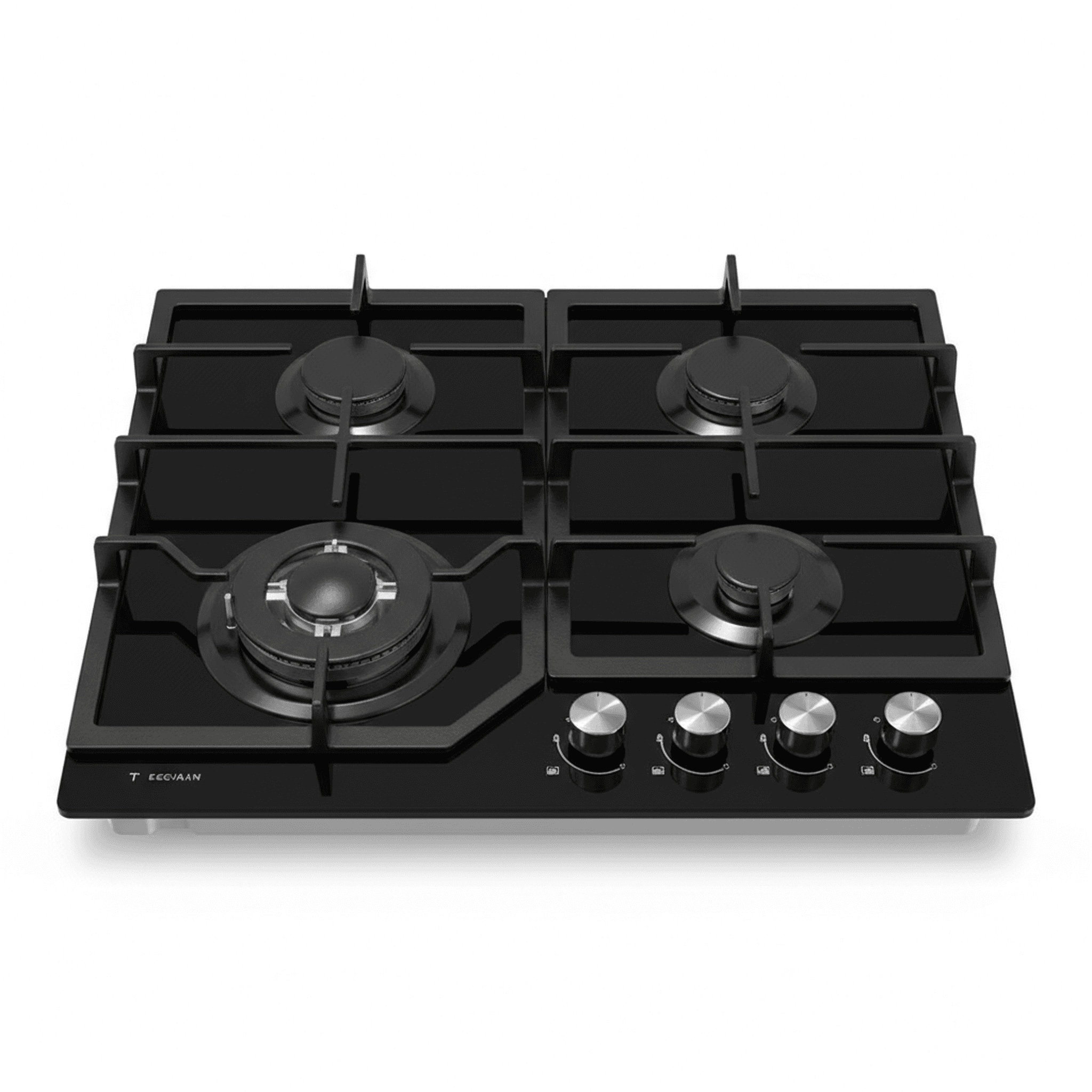 מבט קדמי עליון על כיריים גז TADIRAN TADGH60GB 4 מבערים מזכוכית שחורה מבריקה עם כפתורי כרום