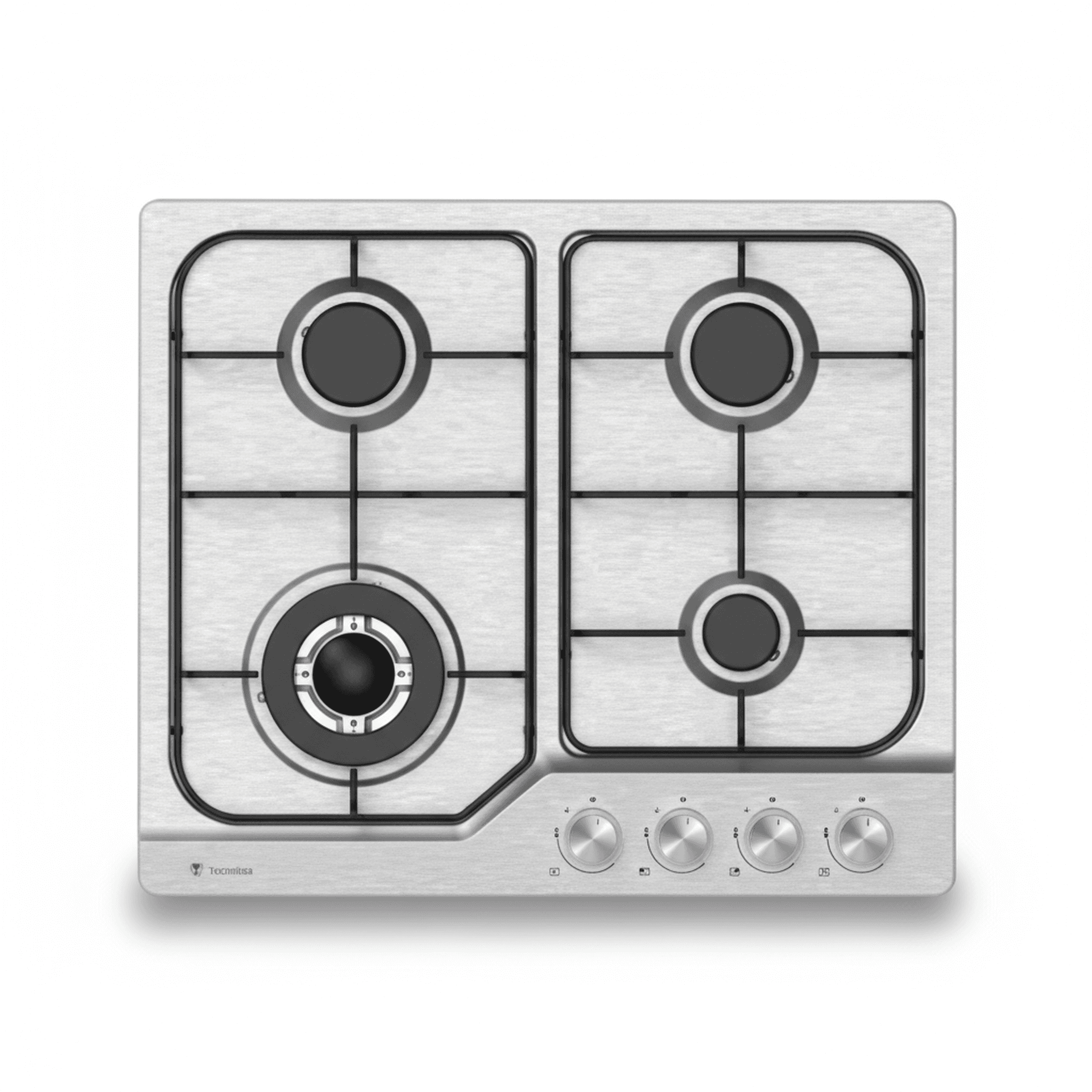 כיריים גז TADIRAN TADGH60SS מנירוסטה, מבט עליון על 4 מבערים, כולל מבער ווק, רשתות סירים וכפתורים