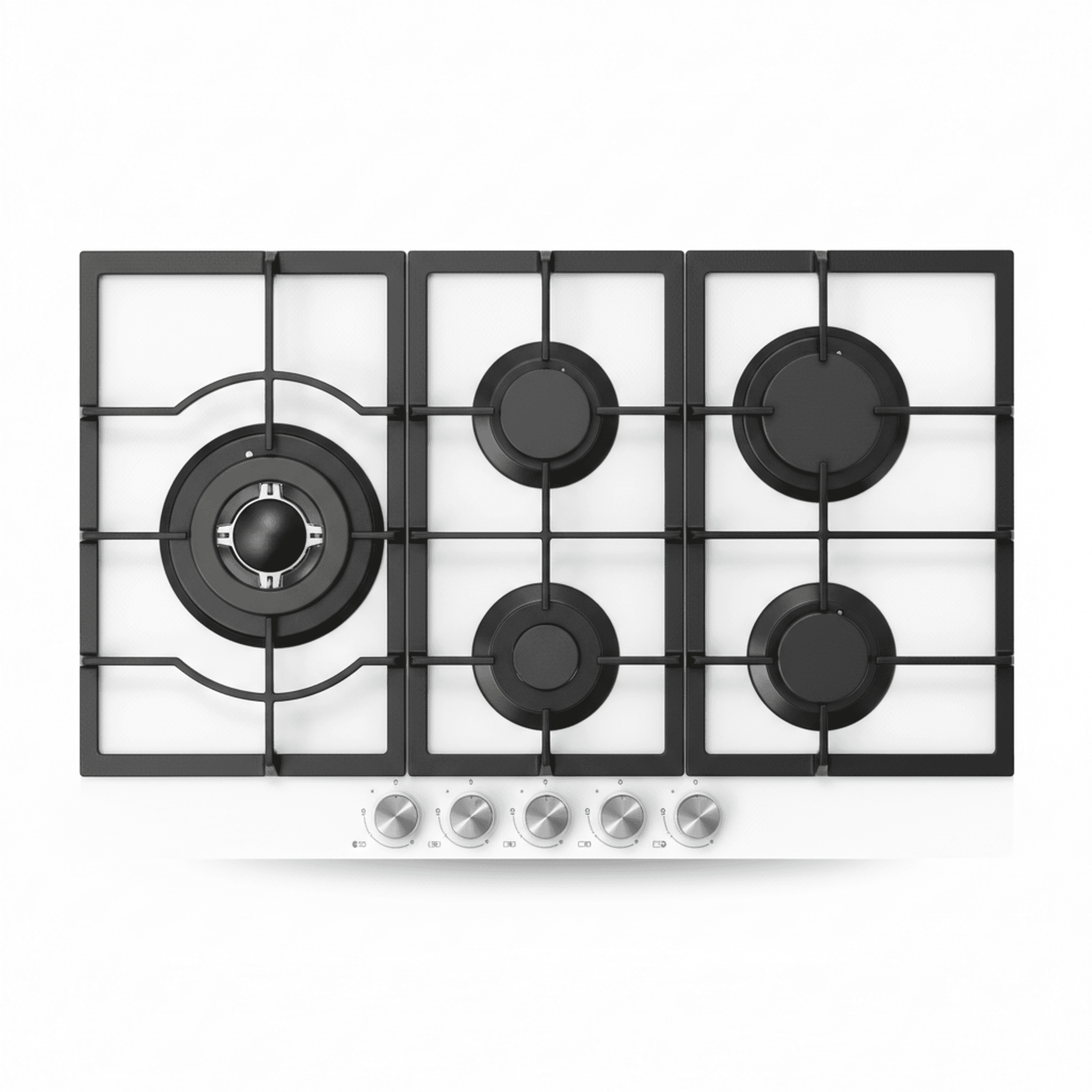 מבט עליון של כיריים גז 5 מבערים TADIRAN TADGH75GW עם משטח זכוכית לבנה, רשתות יצוקות שחורות וכפתורי הפעלה