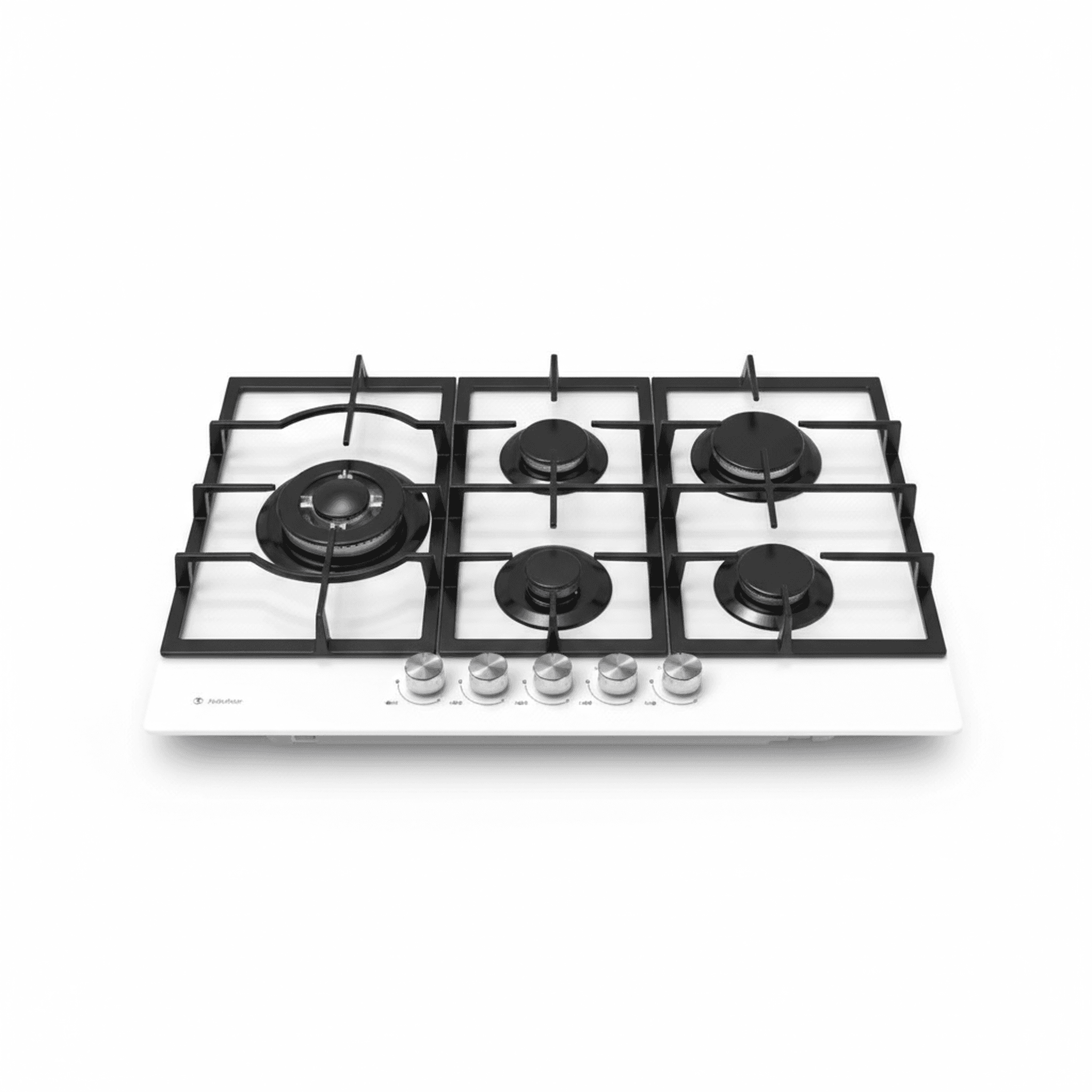 כיריים גז TADIRAN TADGH75GW זכוכית לבנה עם 5 מבערים, רשתות שחורות וכפתורי שליטה כסופים, במבט חזיתי