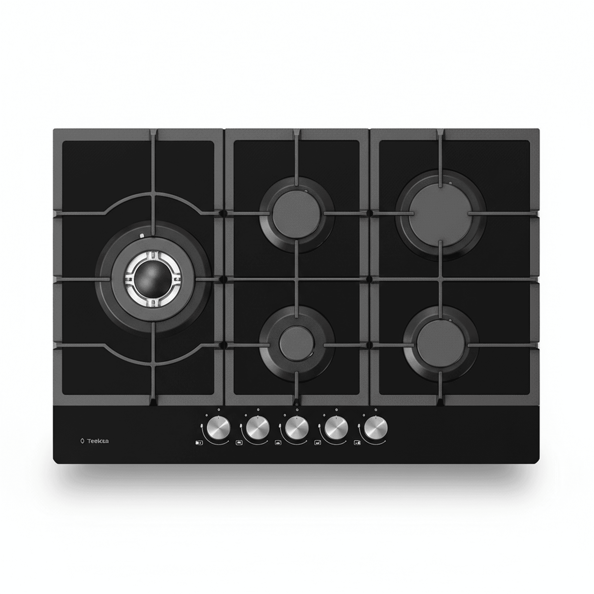 מבט עליון של כיריים גז 5 מבערים TADIRAN TADGH75GB מזכוכית שחורה, עם מבער ווק ורשתות יצוקות