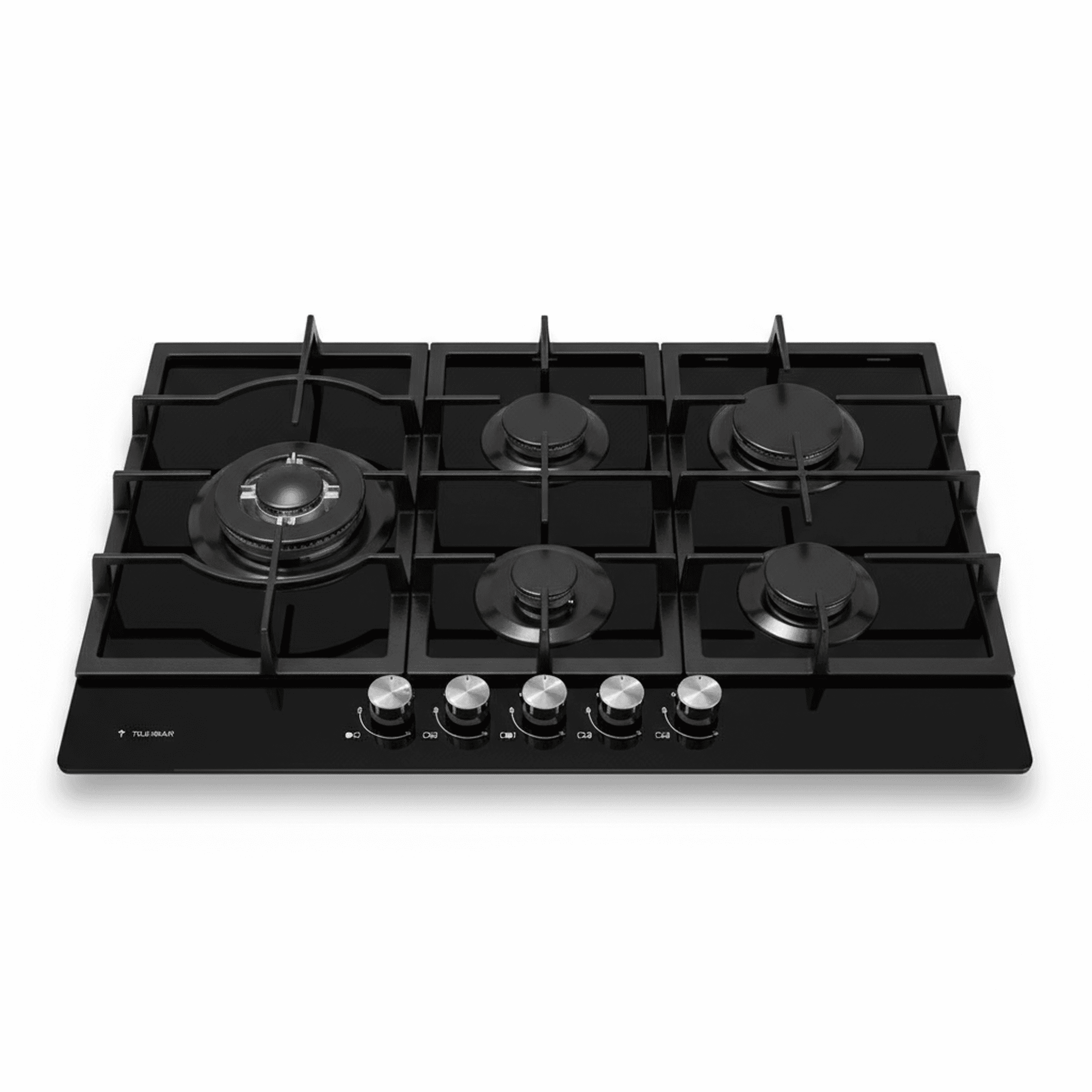 כיריים גז TADIRAN TADGH75GB מבט אלכסוני על משטח זכוכית שחורה עם 5 מבערים וכפתורי הפעלה בחזית