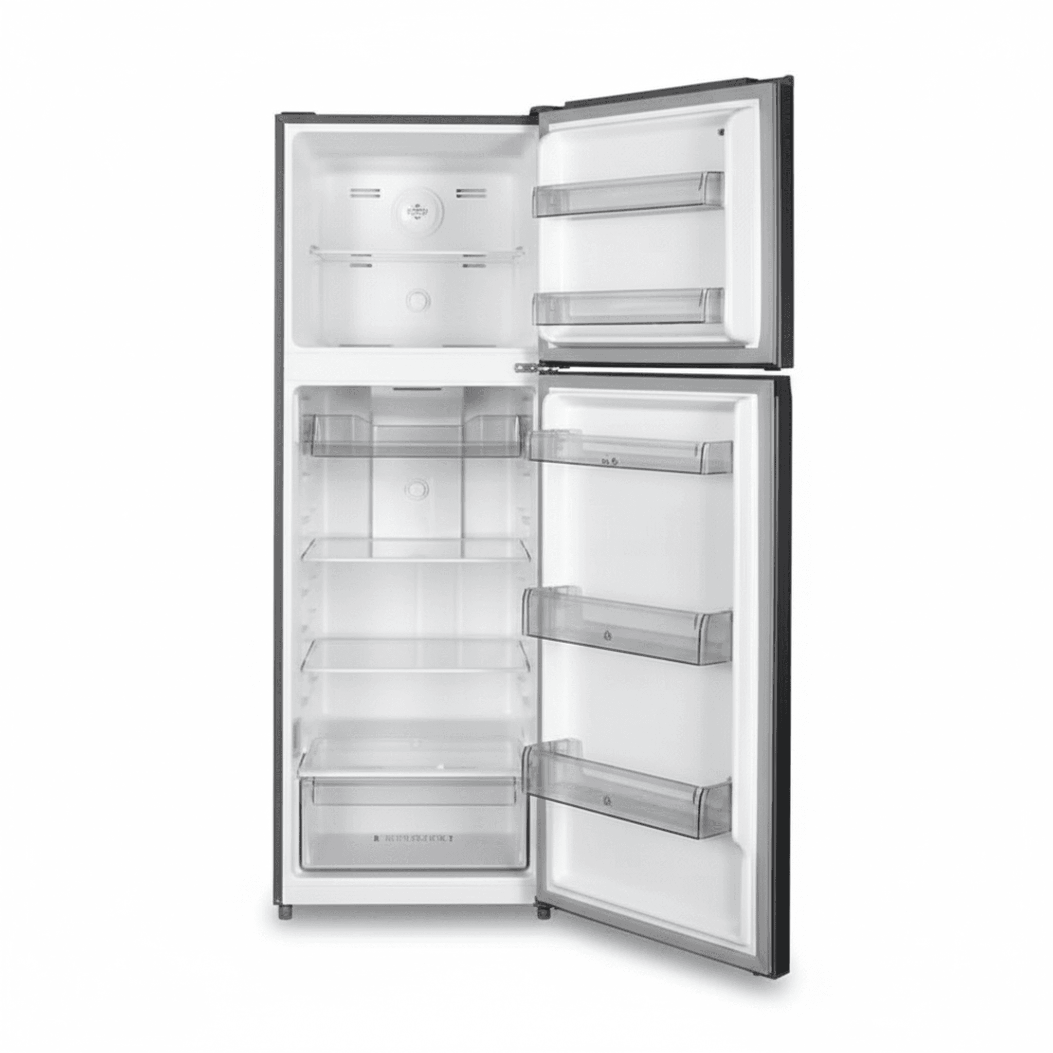 מקרר תדיראן TADR 360SS כשהדלתות פתוחות - תצוגת פנים של המדפים, המגירות ותא ההקפאה