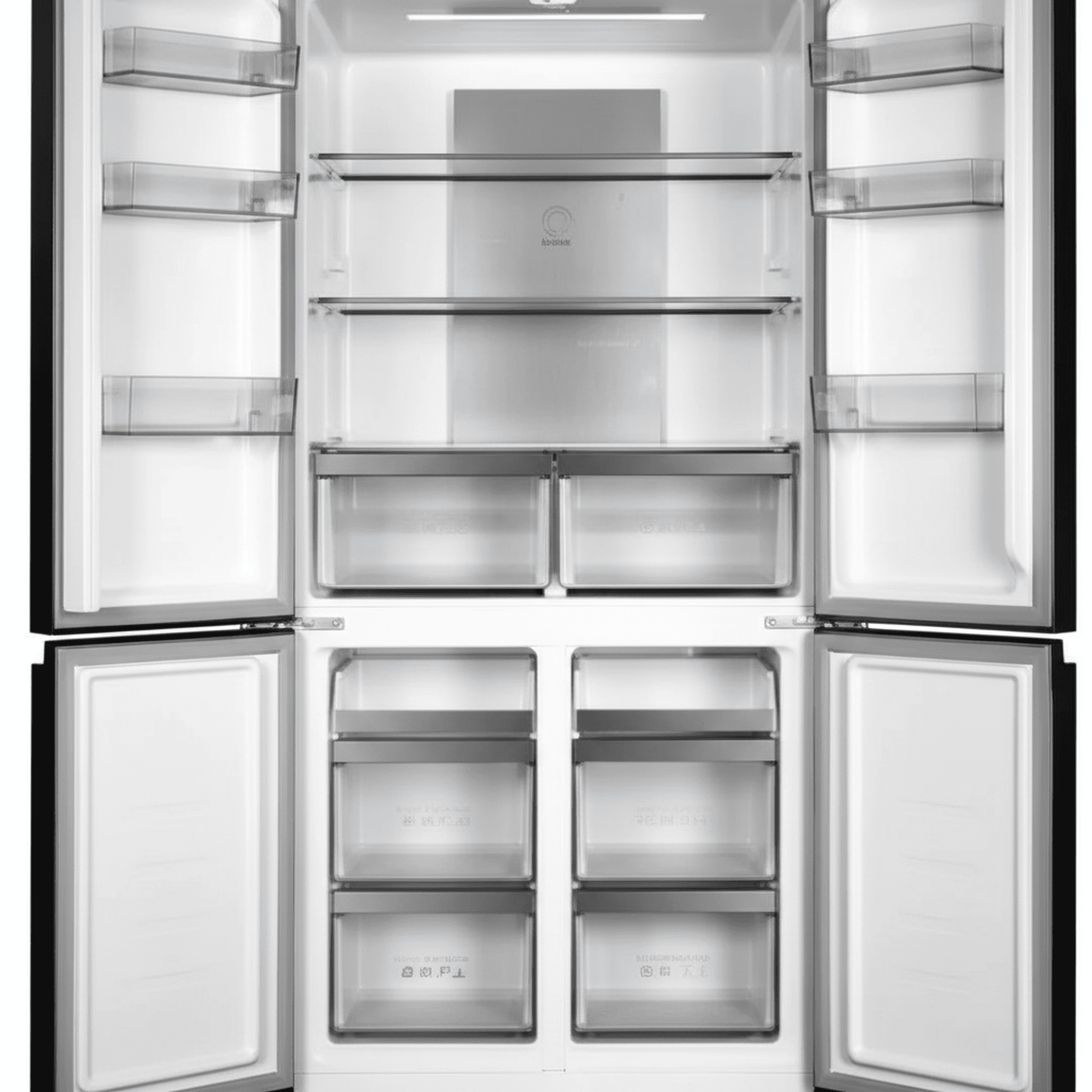 מקרר תדיראן TADR4 666GW זכוכית לבנה - דלתות פתוחות המציגות את חלוקת התאים והמדפים הפנימיים