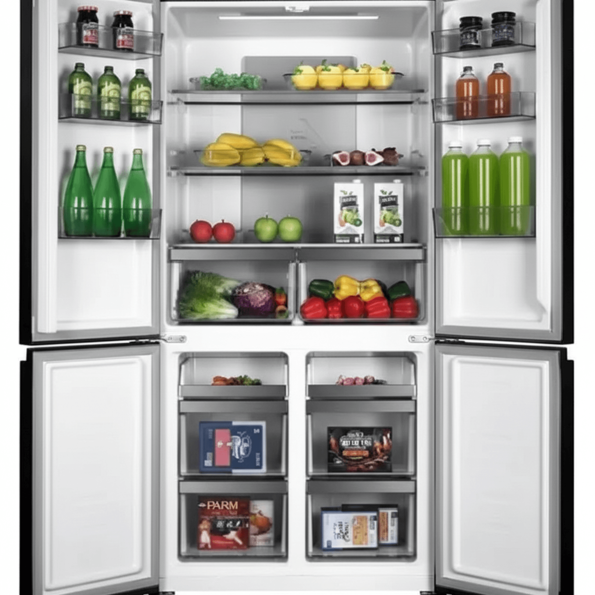 מקרר TADIRAN דגם TADR4 666BS עם דלתות פתוחות - תצוגת חלוקה פנימית רחבה, מדפים ומגירות