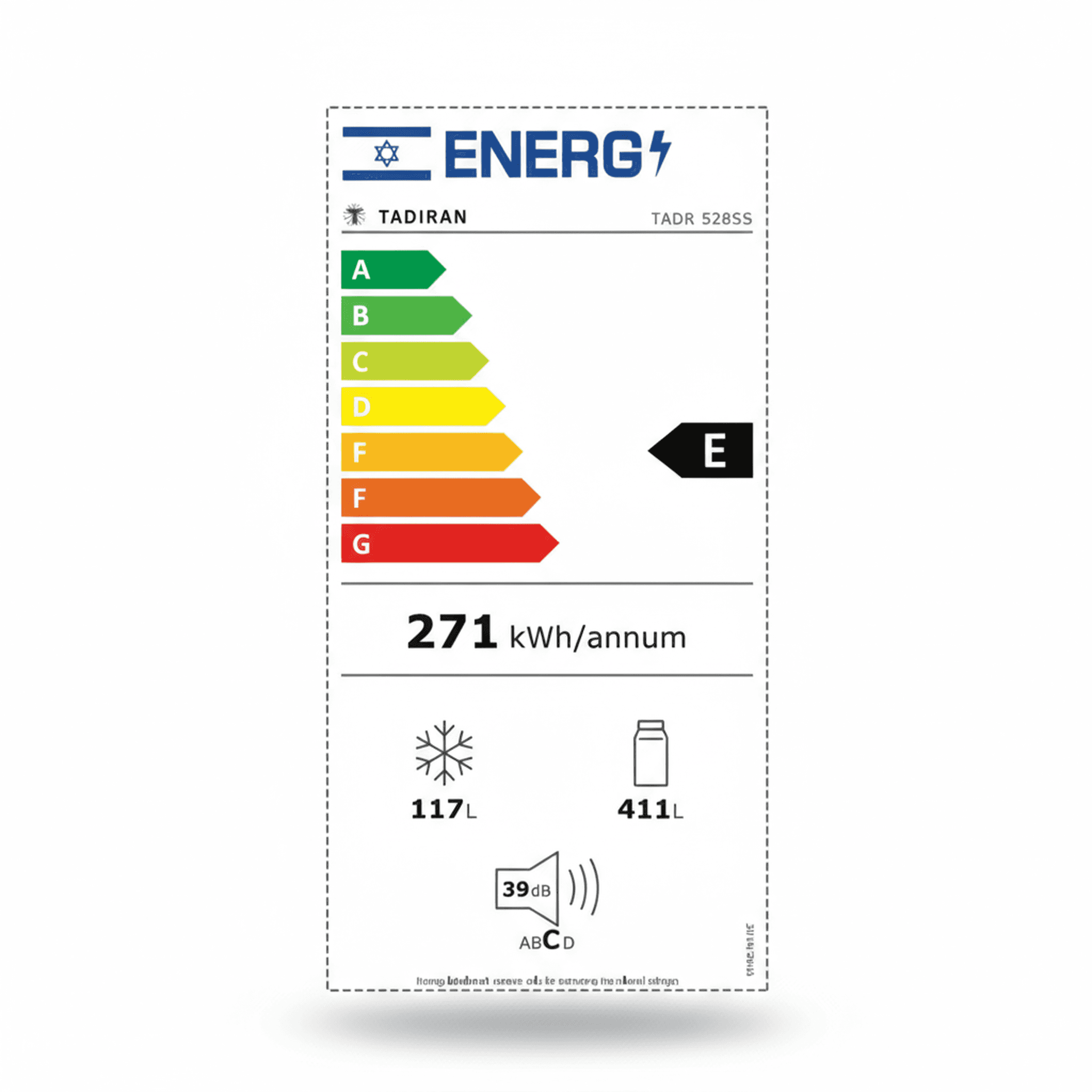 מקרר TADIRAN דגם TADR 528SS בזווית צד המציגה את גימור הנירוסטה המודרני ואת עיצוב המקרר