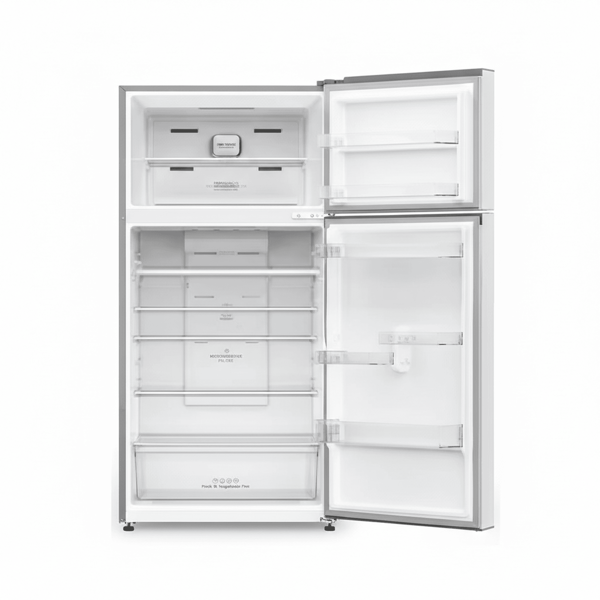 מבט לפנים המקרר Hisense RD54W בנפח 381 ליטר - תצוגת סידור המדפים, מגירת הירקות והחלוקה הפנימית