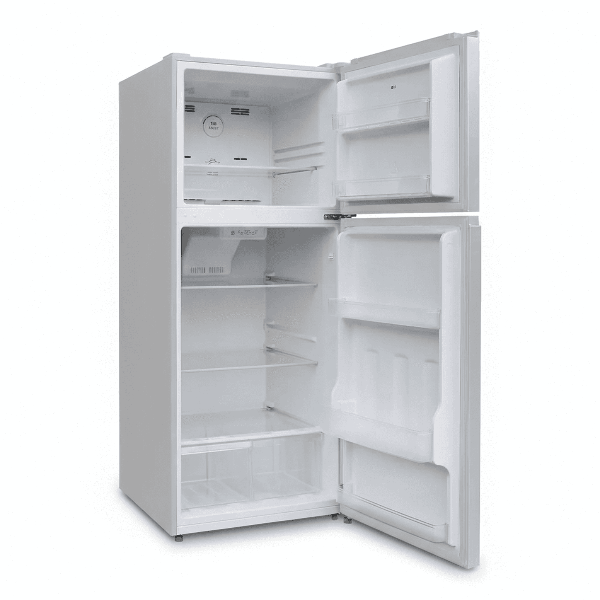 מקרר PROSONIC זכוכית לבנה פתוח - תצוגת חלוקה פנימית של המדפים ותא ההקפאה בשיטת No Frost