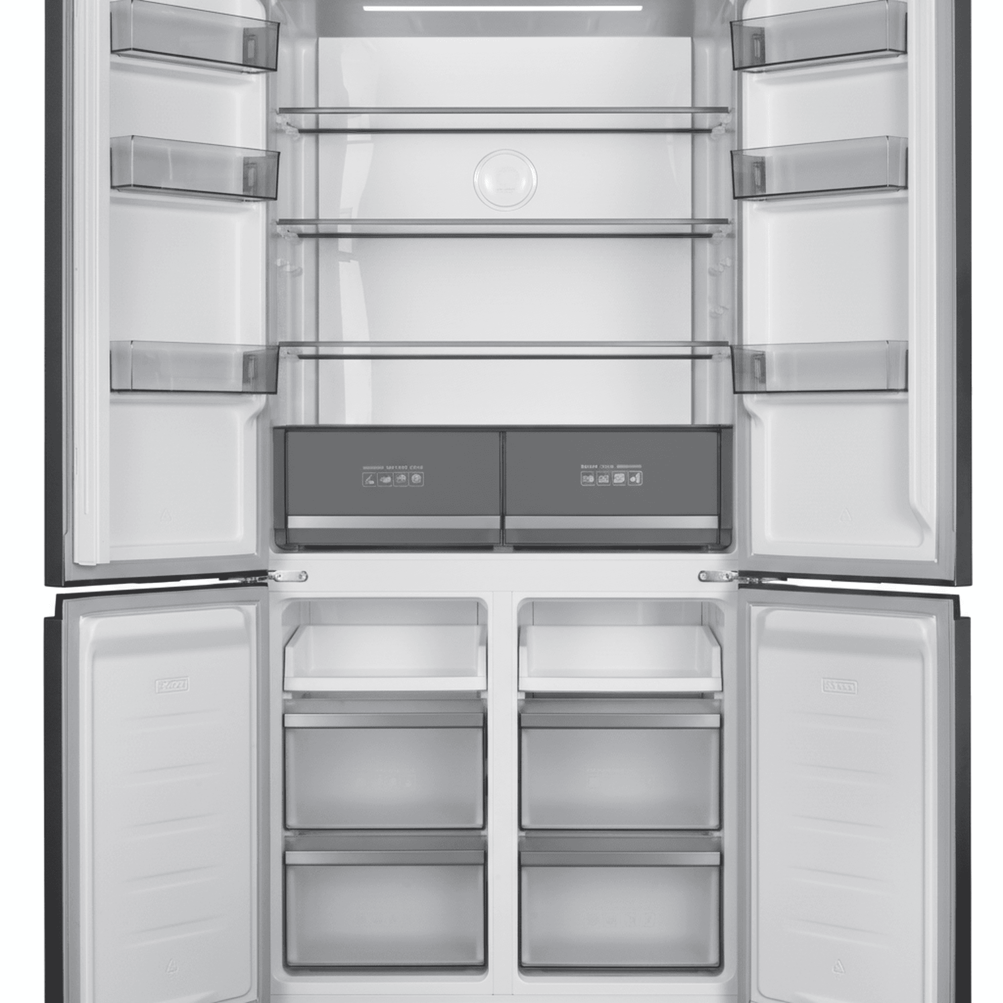 מקרר 4 דלתות TADRS4505SS פתוח לרווחה - תצוגת סידור המדפים הפנימיים, המגירות ותאי המקפיא