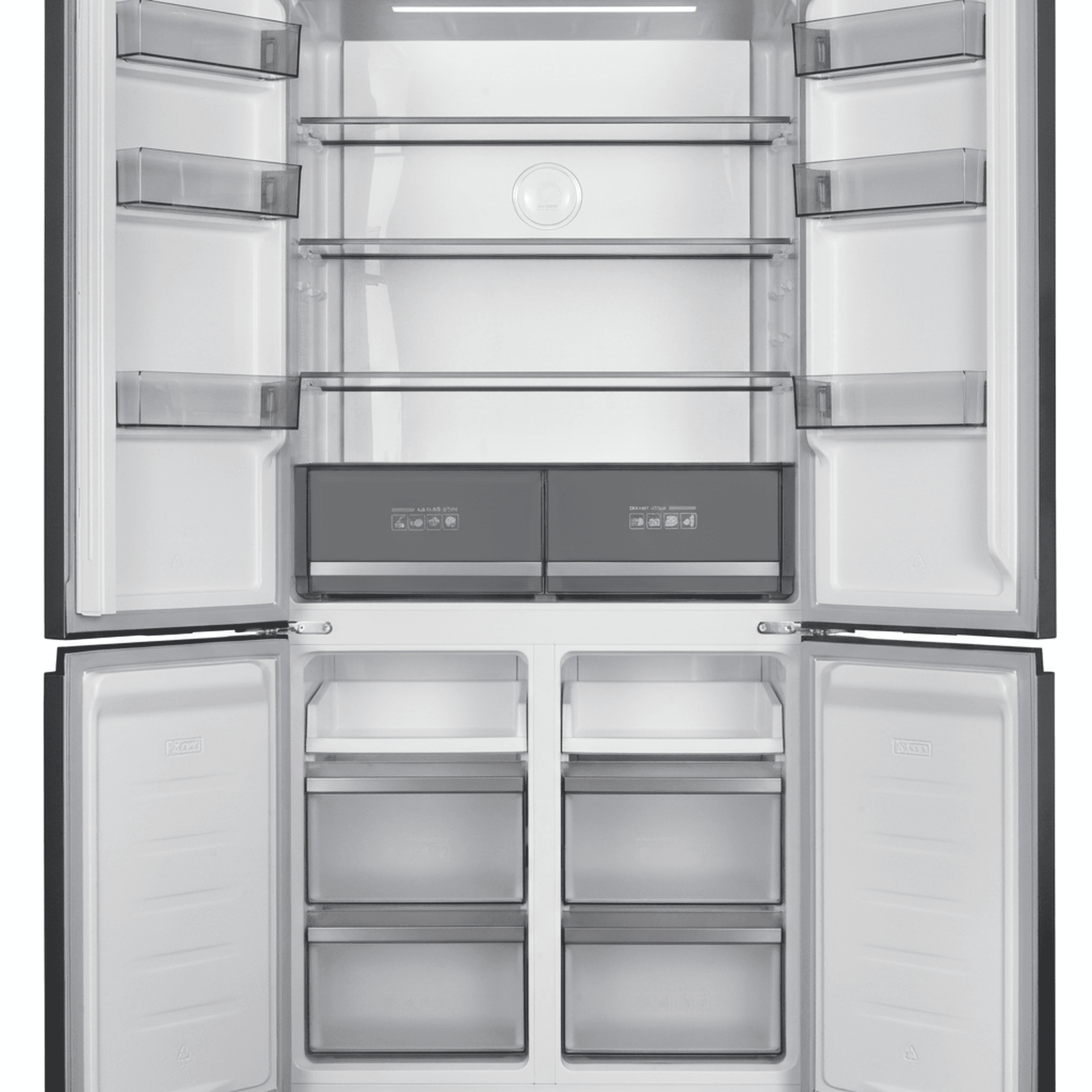 מבט פנים למקרר תדיראן TADRS4505GW עם דלתות פתוחות המציג את סידור המדפים והמגירות