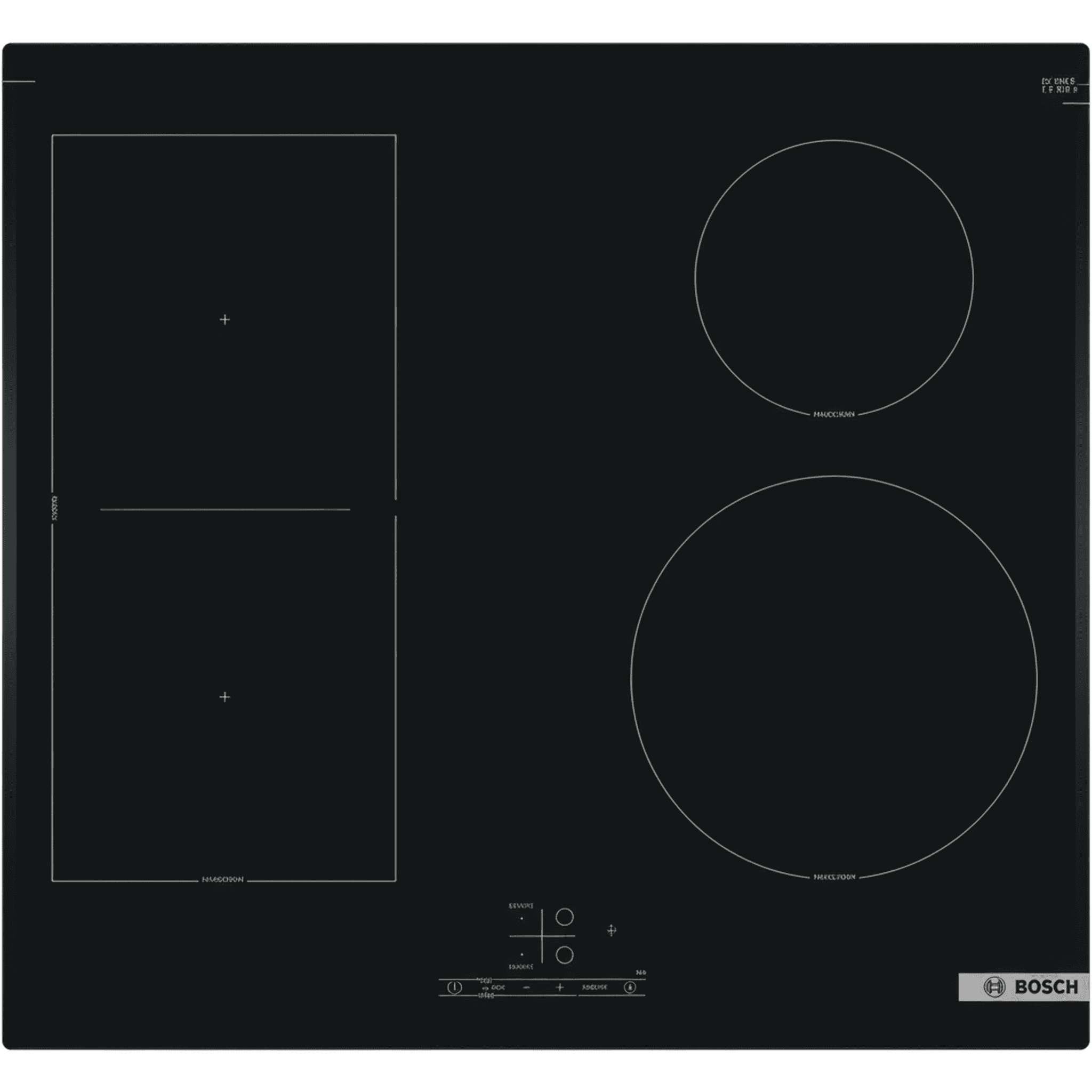 כיריים אינדוקציה Bosch PVS61RBB5E - מבט עליון על משטח זכוכית שחורה עם אזור CombiZone מלבני בצד שמאל ושתי טבעות עגולות בצד ימין