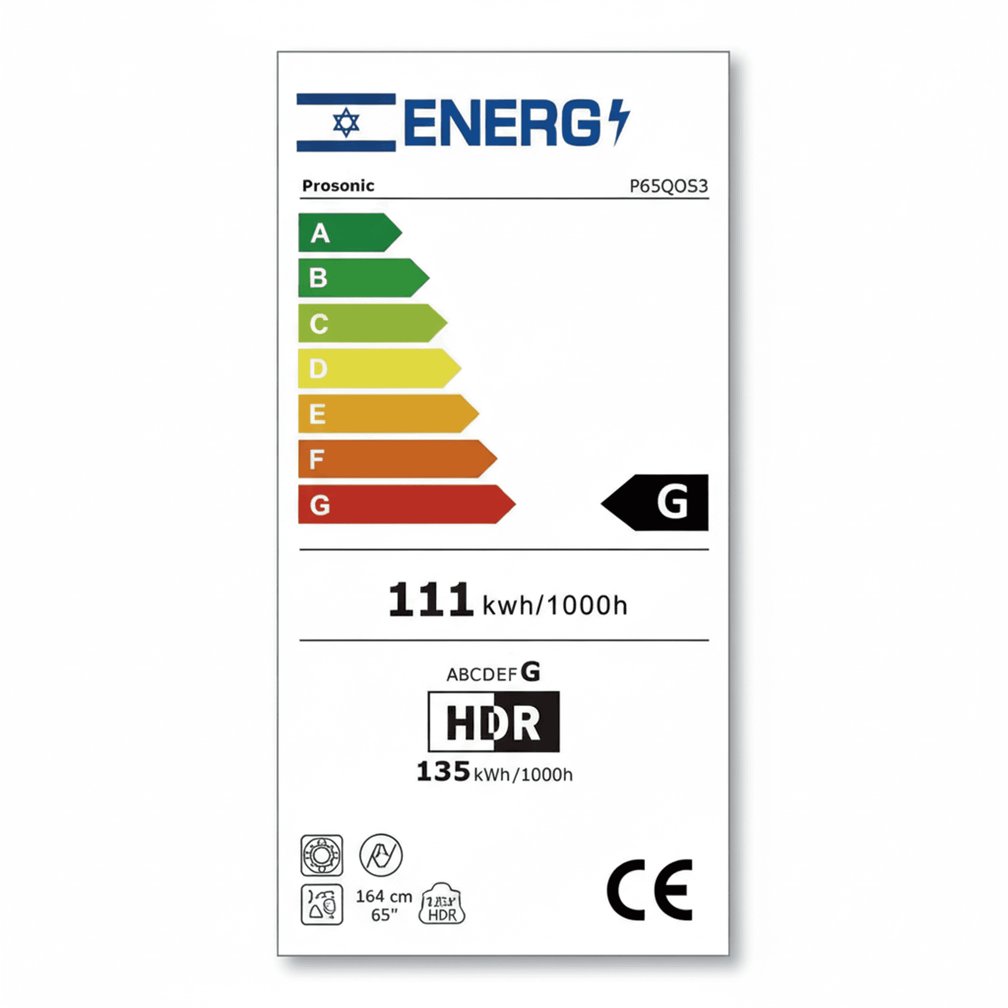 תווית אנרגיה EU טלוויזיה פרוסוניק P65QOS3 - דירוג G עם תמיכת HDR