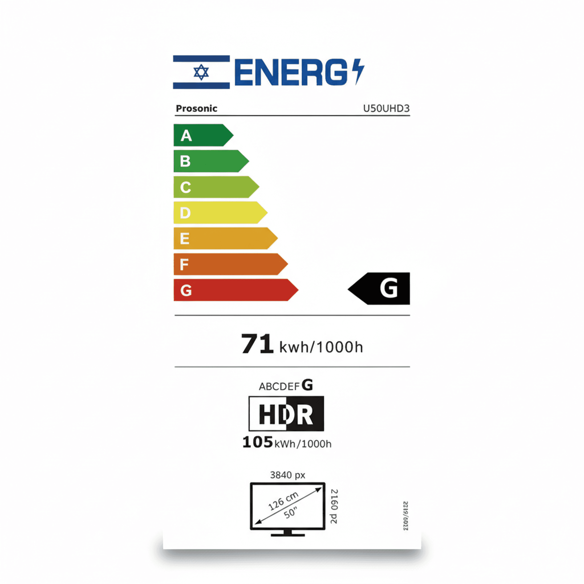 תווית אנרגיה פרוסוניק U50UHD3 - דירוג G, צריכה 71 קוט"ש, רזולוציה 3840x2160, מסך 50 אינץ'
