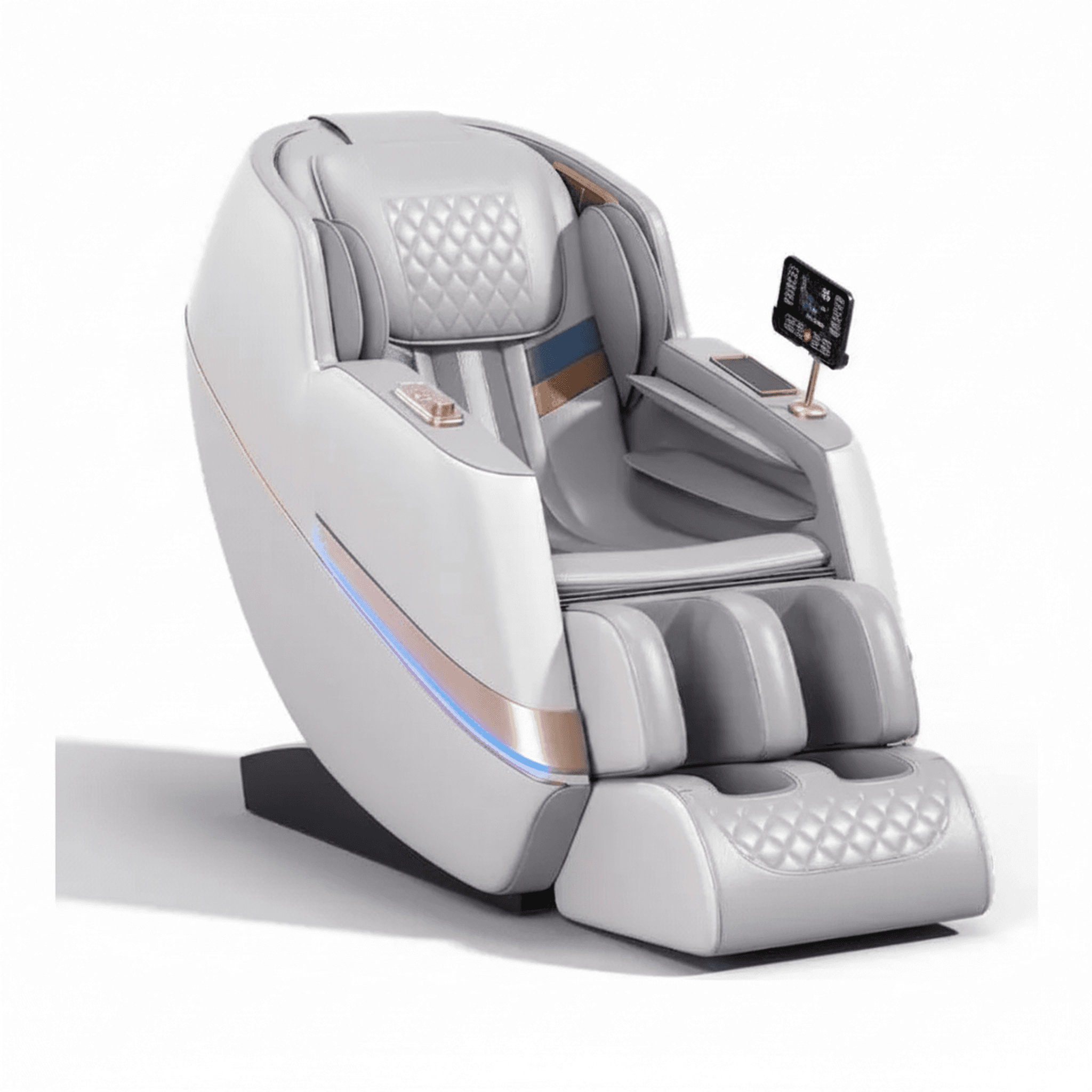 כורסת מסאג' מקצועית עור בונדד לדר AMORA CF-188W אפור - צילום תקריב (קלוז-אפ) המציג את טקסטורת עור הבונדד, איכות התפירה ופאנל ההפעלה