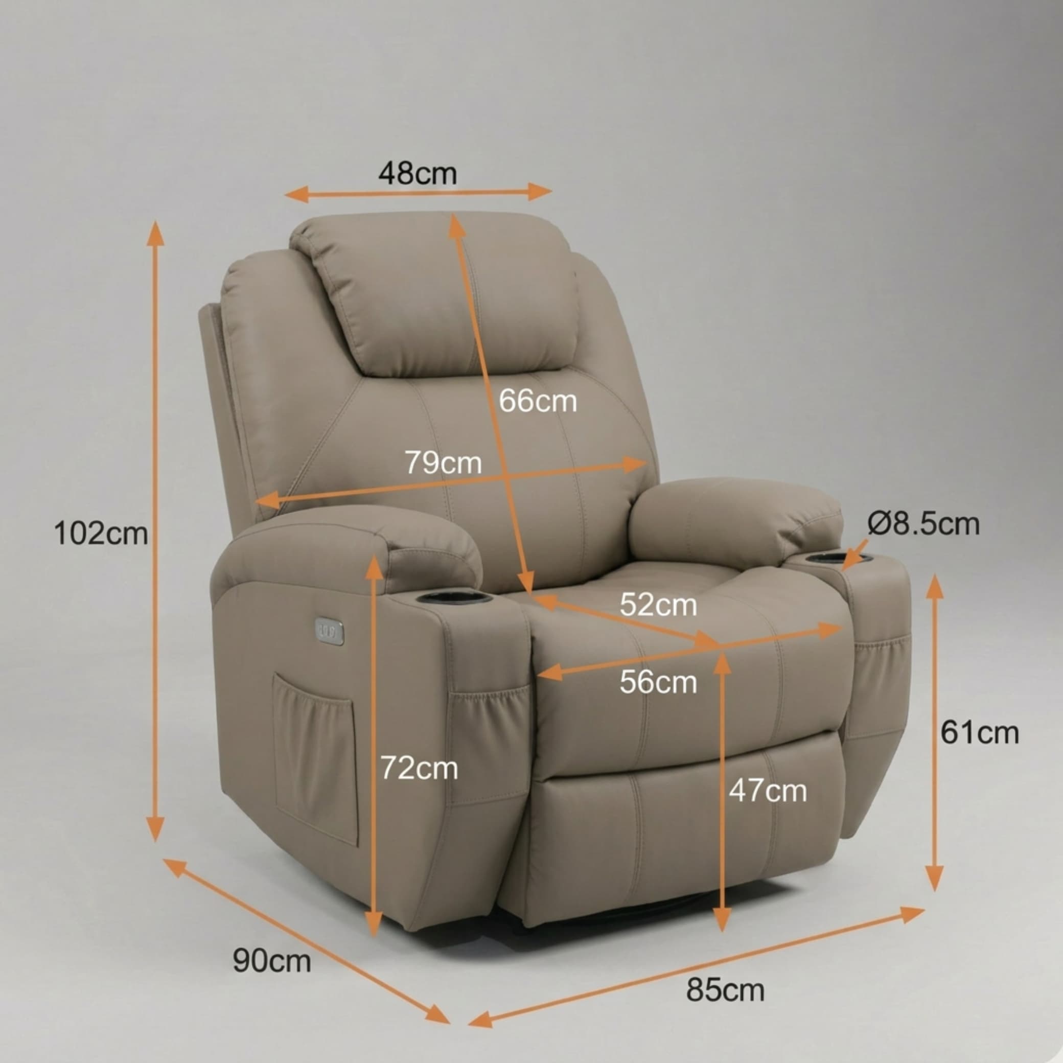 כורסת קימה חשמלית Dolce Vita דגם Milano פרימיום עור PU בז' עם 8 נקודות עיסוי | חימום + USB - גלריה 6