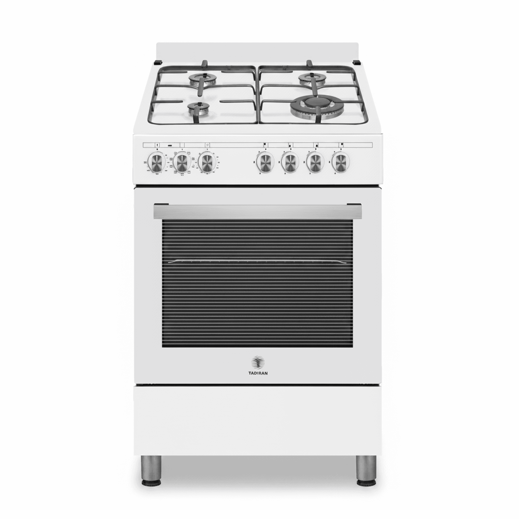 תנור משולב גז 60 סמ טורבו TADIRAN דגם TOFS650W בצבע לבן - מבט חזיתי כללי המציג את עיצוב התנור, דלת הזכוכית וכיריים הגז העליונות