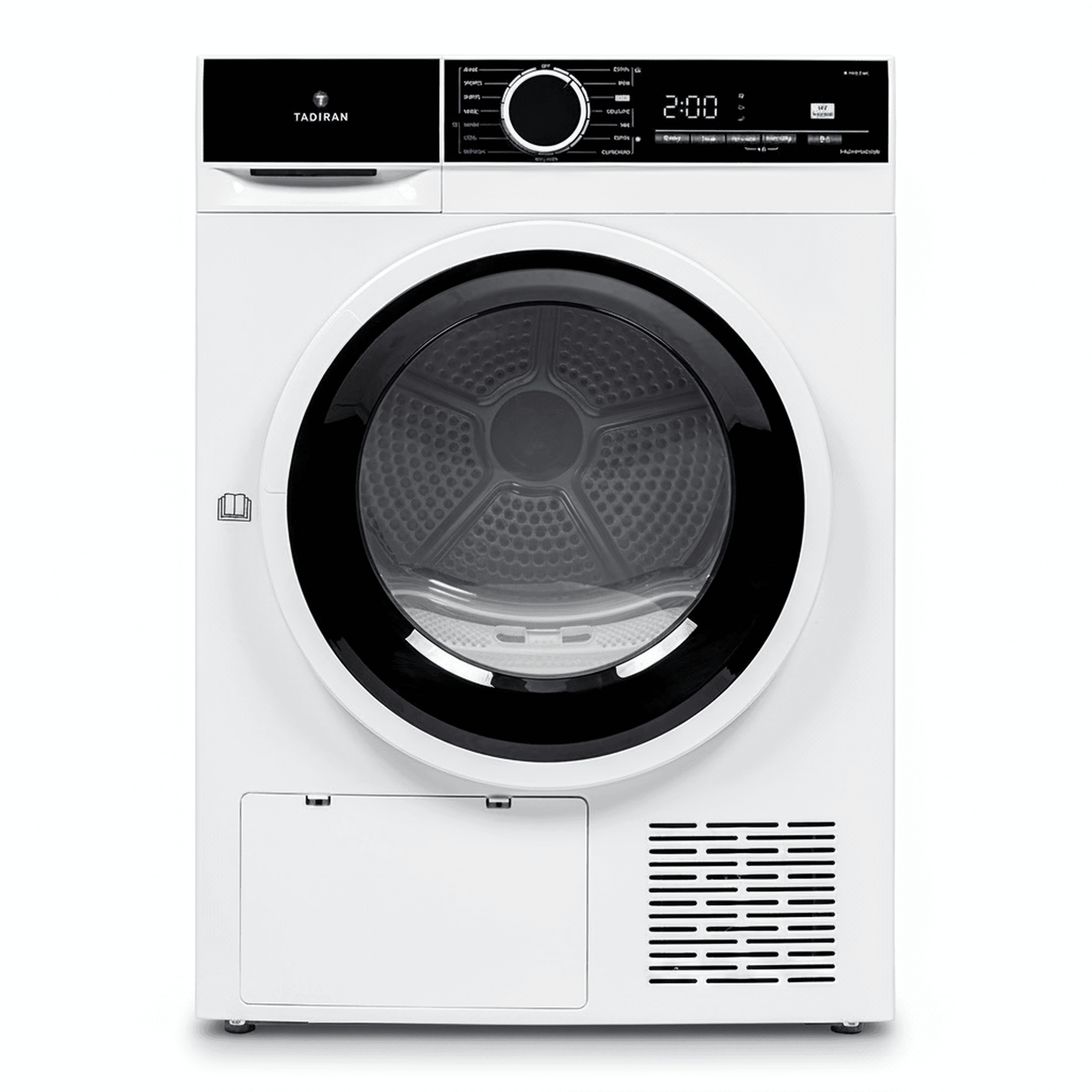 מייבש כביסה 8 ק"ג Heat Pump תדיראן דגם TADHP9000B - מבט חזיתי מלא עם דלת המייבש השחורה האלגנטית