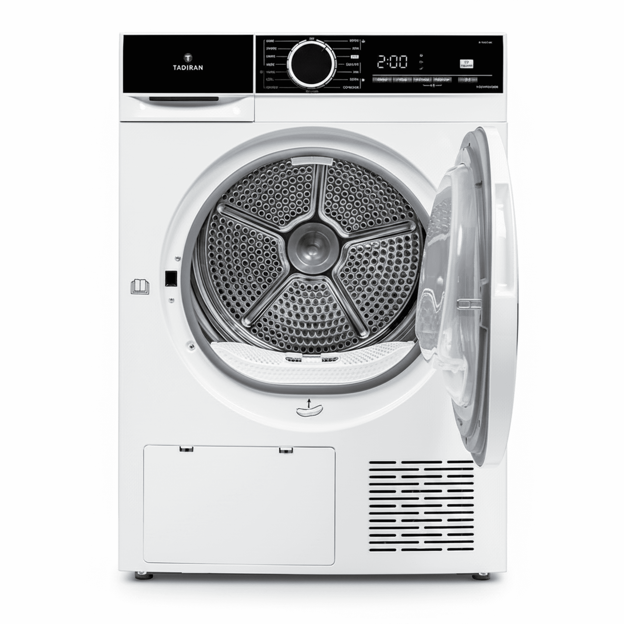 מייבש כביסה תדיראן Heat Pump דגם TADHP9000B - תקריב על לוח הבקרה, צג הנתונים הדיגיטלי וכפתורי ההפעלה