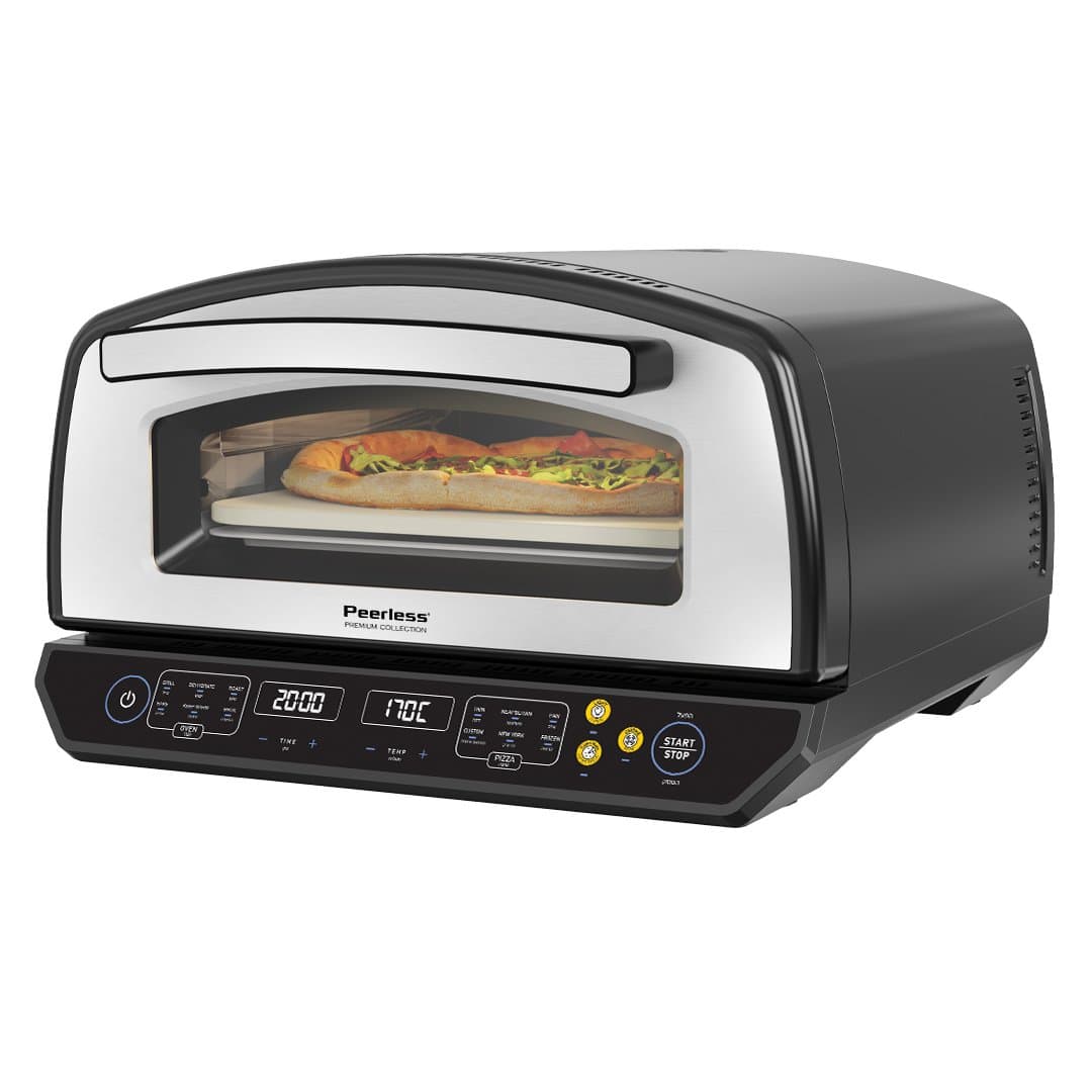 טאבון פיצה חשמלי Peerless MS-601 במבט אלכסוני – חזית נירוסטה עם חלון זכוכית, פיצה על אבן שמוט ופאנל מגע שחור עם תצוגות זמן וטמפרטורה
