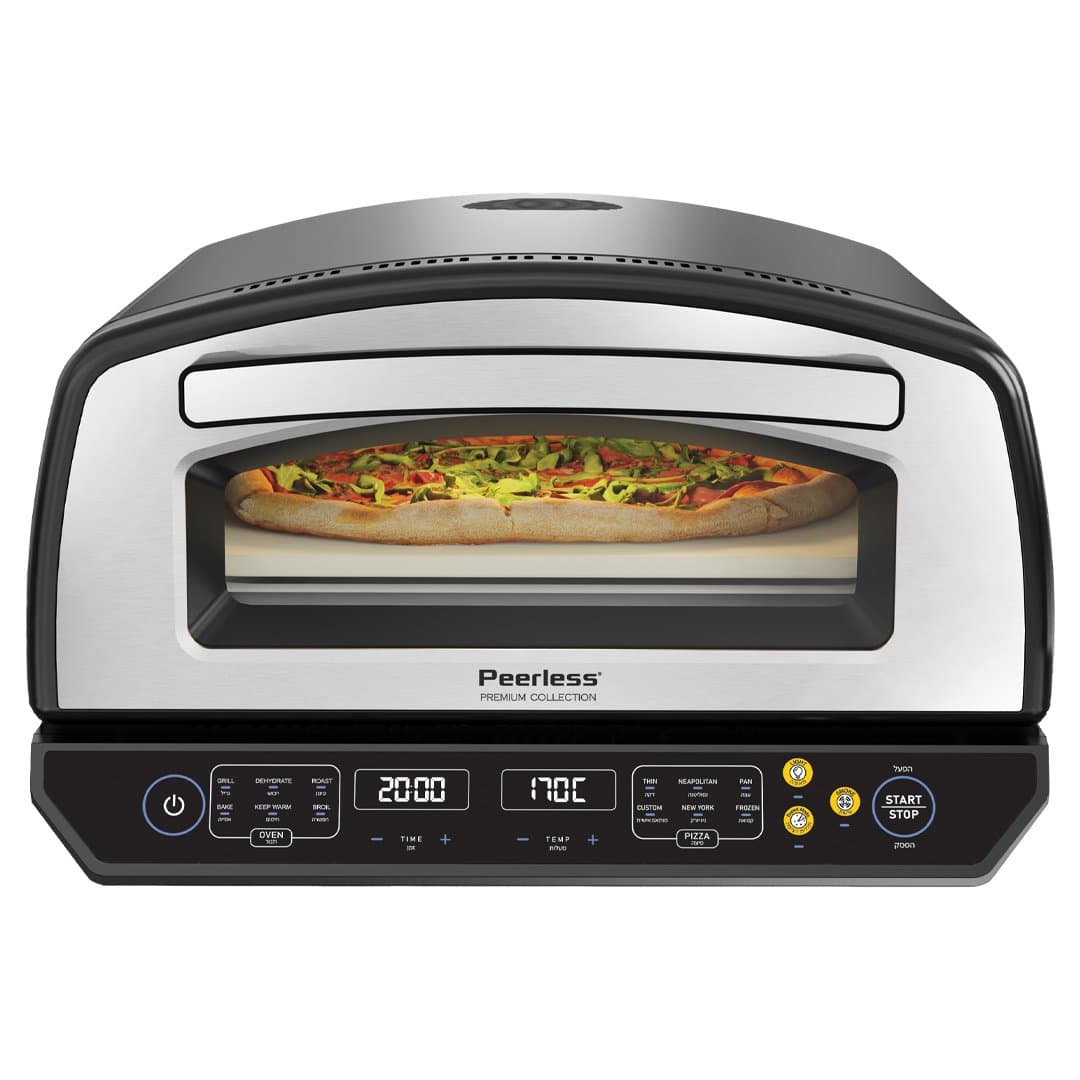 טאבון פיצה Peerless MS-601 במבט חזיתי – לוח בקרה דיגיטלי עם מצבי תנור ופיצה בעברית ובאנגלית, כפתורי תאורה, עישון ו-START/STOP
