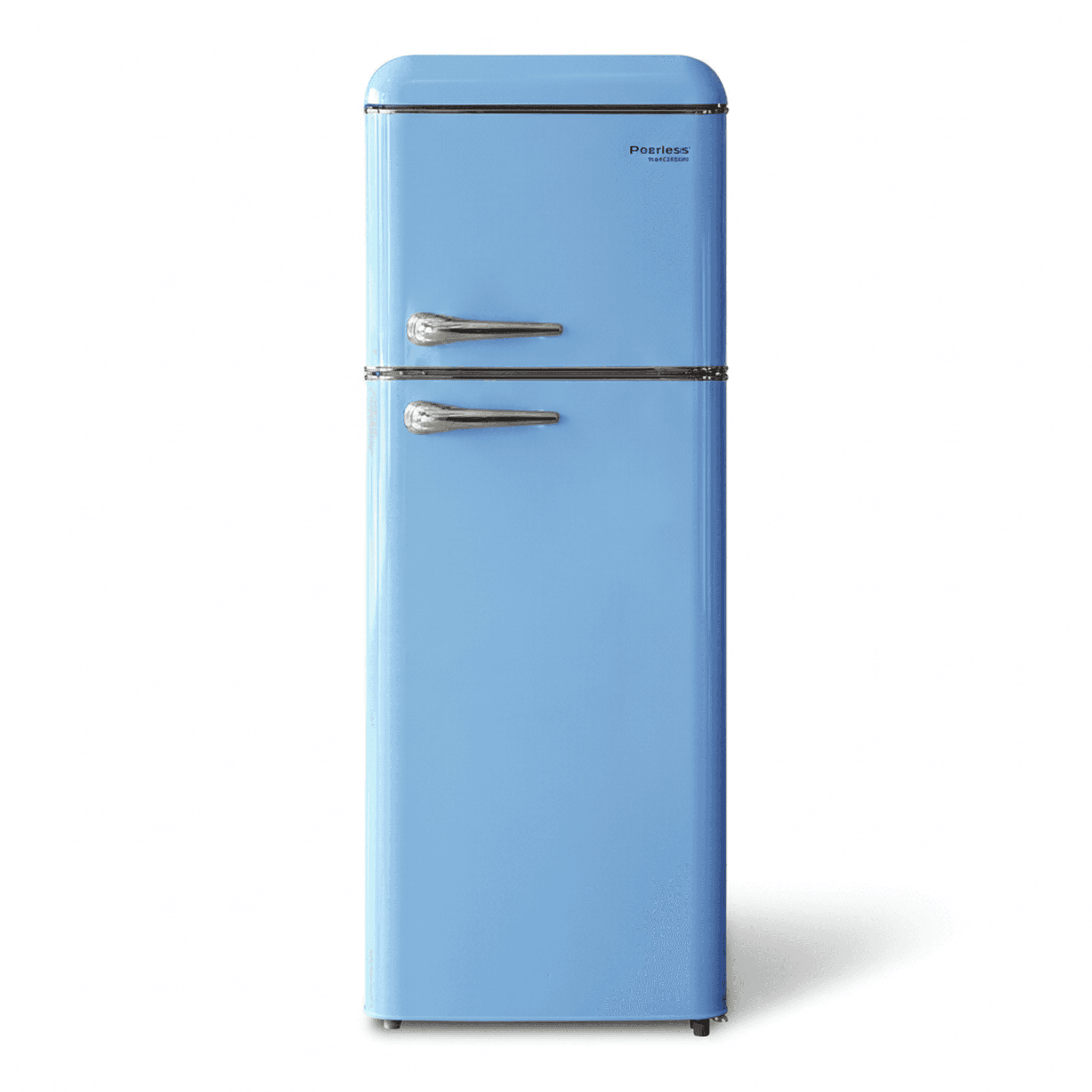 מקרר רטרו תכלת Peerless BCD-210VX עם ידיות כרום מבריקות בעיצוב שנות ה-50 - מבט חזיתי