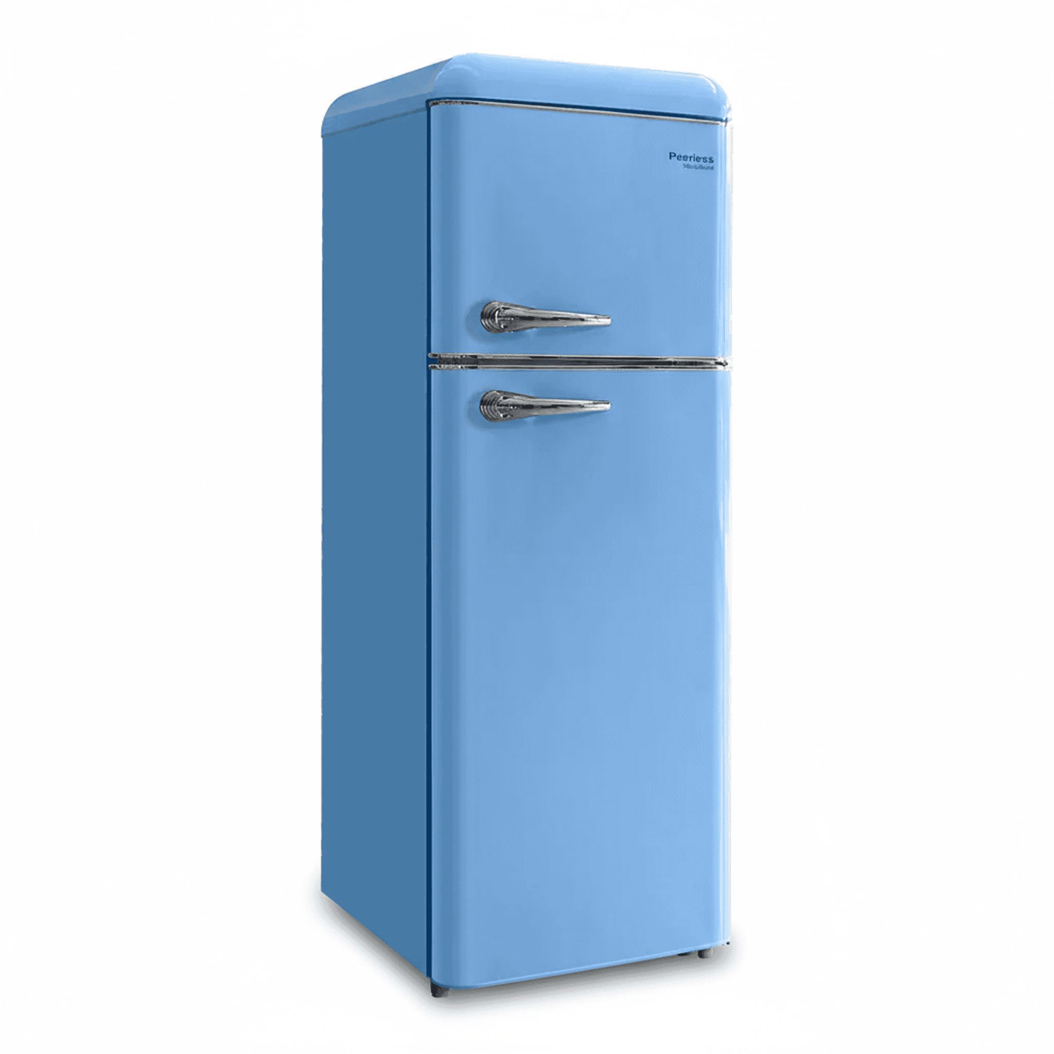 מקרר רטרו תכלת Peerless BCD-210VX עם שתי דלתות וגימור מבריק - מבט אלכסוני
