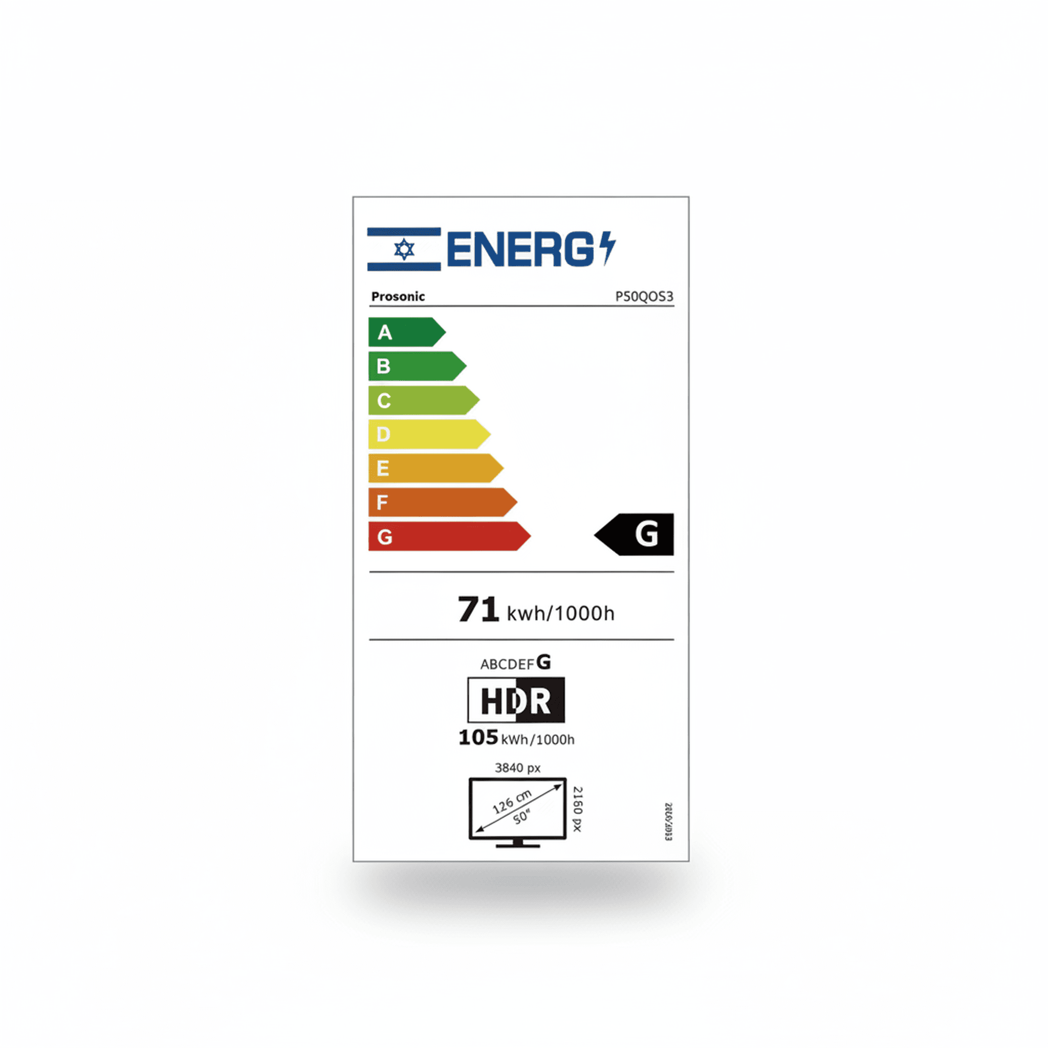 תווית אנרגיה פרוסוניק P50QOS3 - דירוג G, צריכת חשמל 71 קוט"ש, רזולוציה 3840x2160, מסך 50 אינץ'